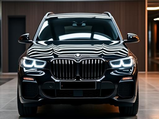 A black 2023 BMW X5 M Sport glistening under showroom lights.