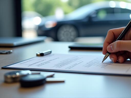 A person signing a financing document with car keys on the table.