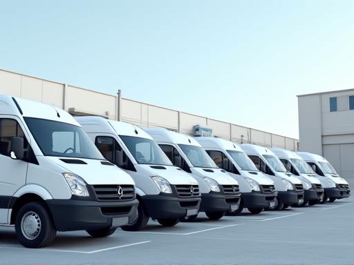 A line of identical white commercial vans parked in a lot.