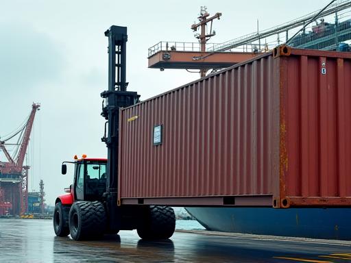 A shipping container being loaded onto a cargo ship with cars visible.