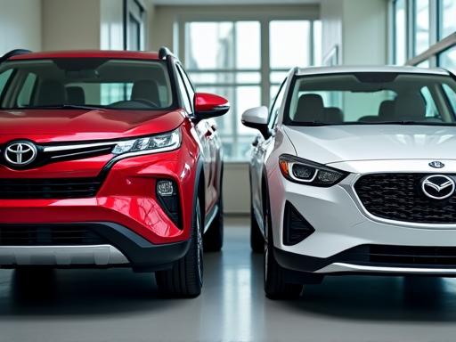 A shiny new red SUV and a certified used sedan parked side-by-side.