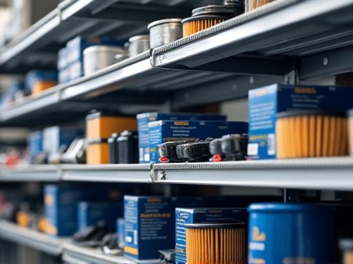 A clean shelf stocked with various car parts like filters and brake pads.